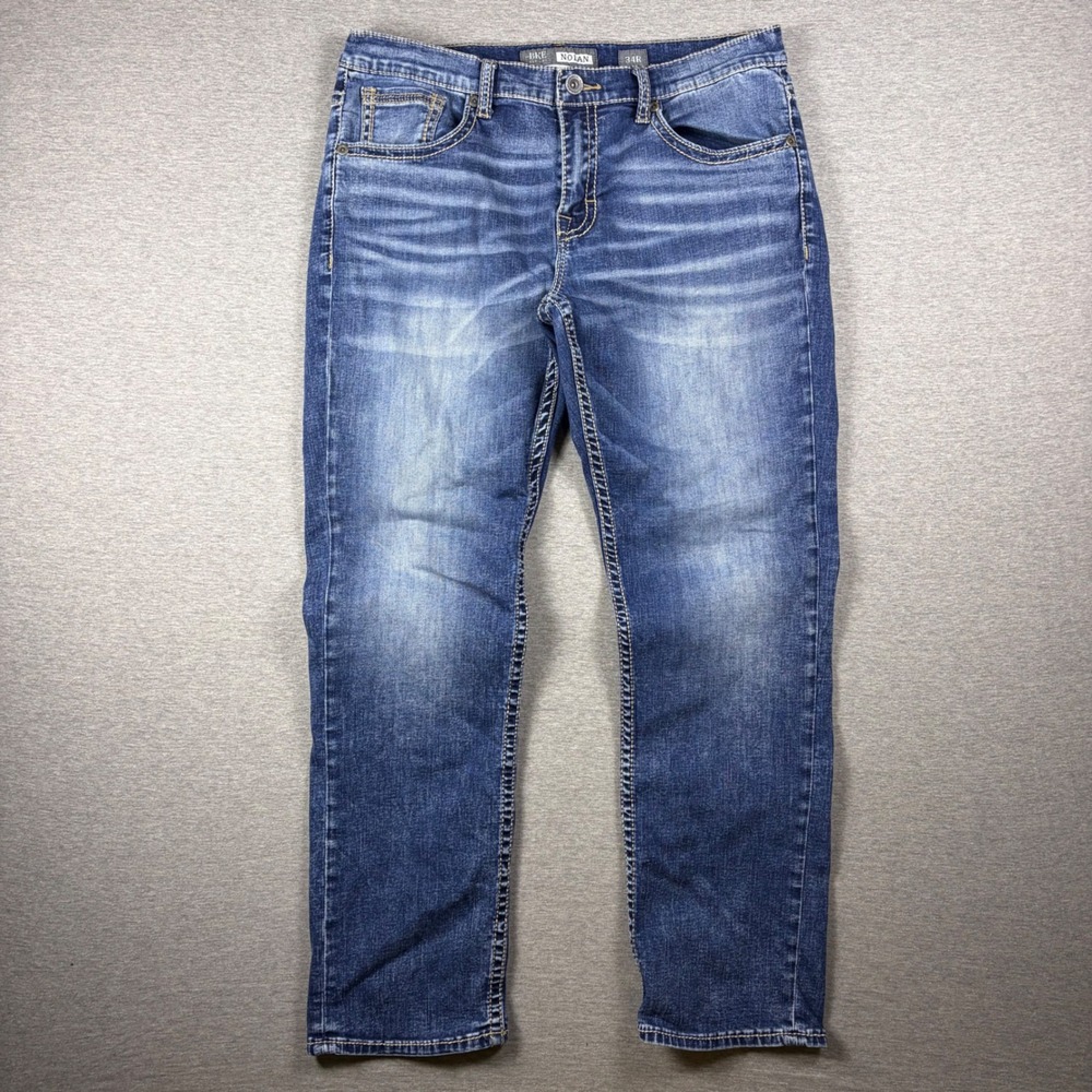 BKE Nolan Jeans Mens 34R Blue Straight Leg Contrast Stitch Denim Whiskering